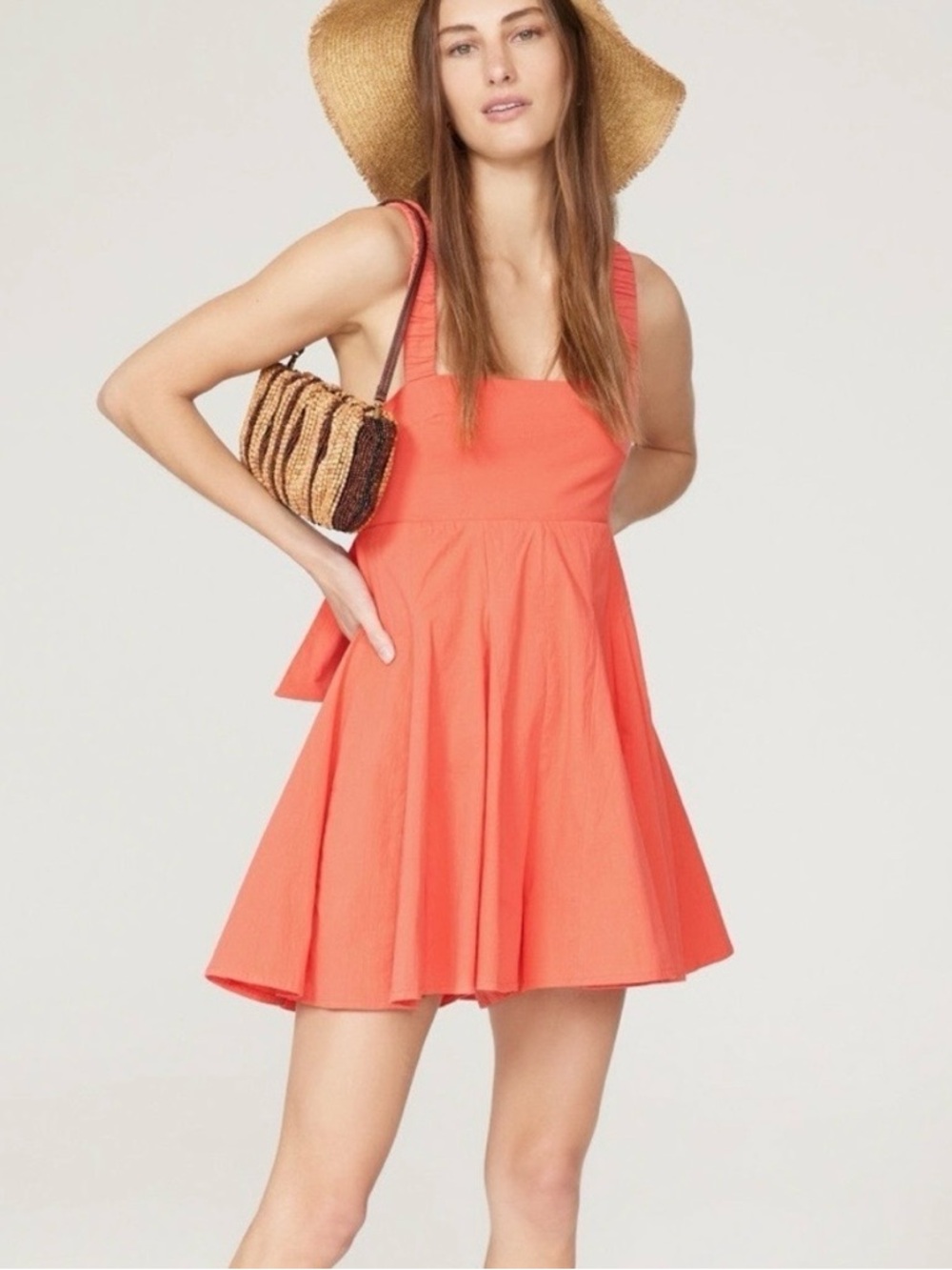 Coral Square-Neck Romper Dress with Flared Skirt